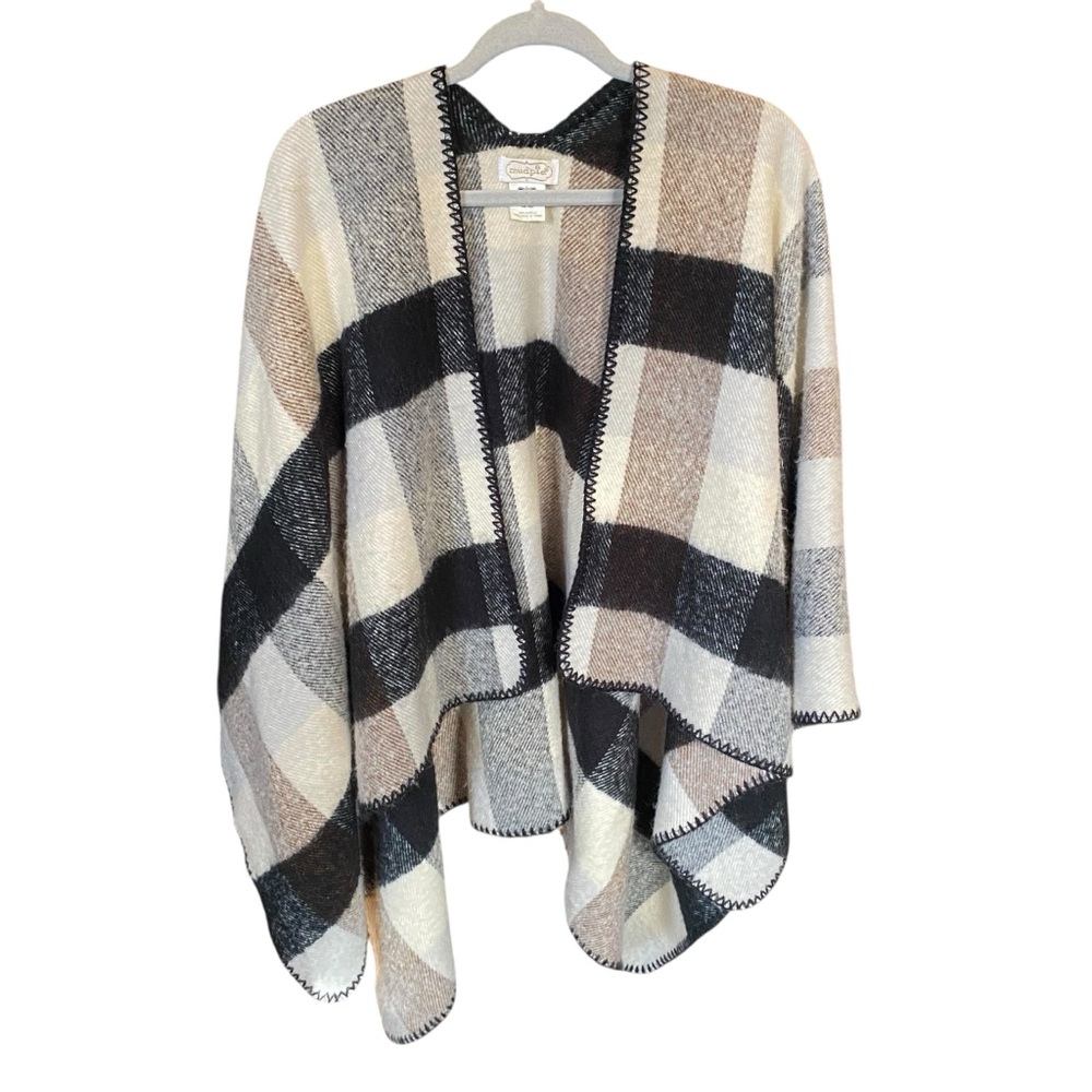 Mud Pie Carter Plaid Ruana Poncho Shawl Black White Tan Womens One Size